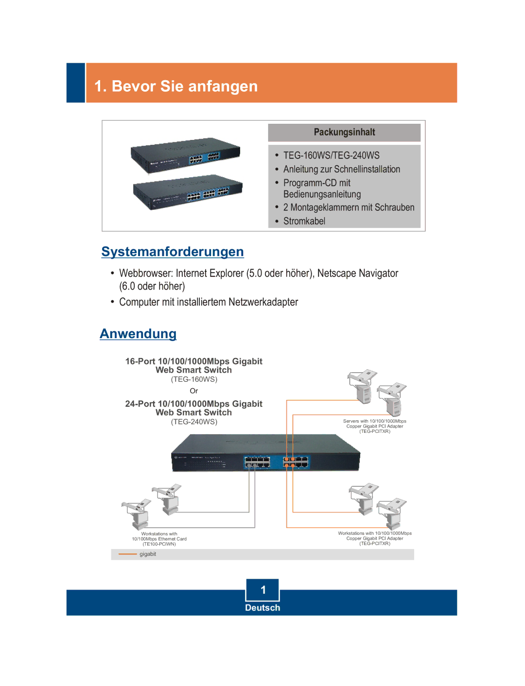 TRENDnet TEG-160WS manual Bevor Sie anfangen, Packungsinhalt 