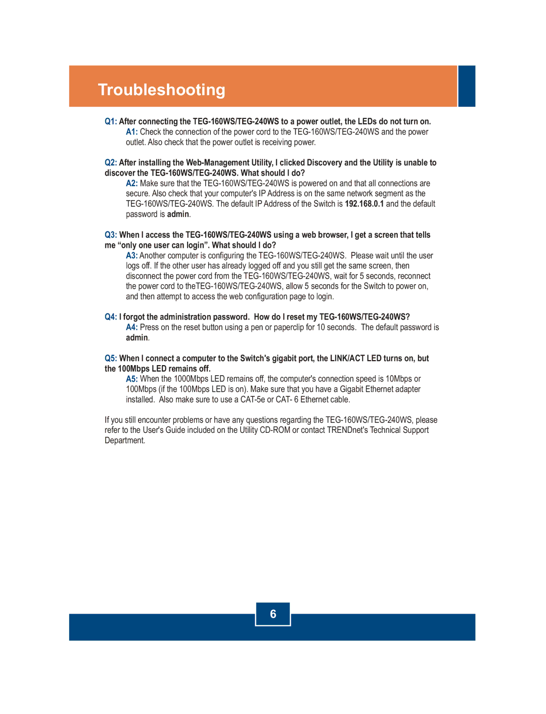 TRENDnet TEG-160WS manual Troubleshooting 