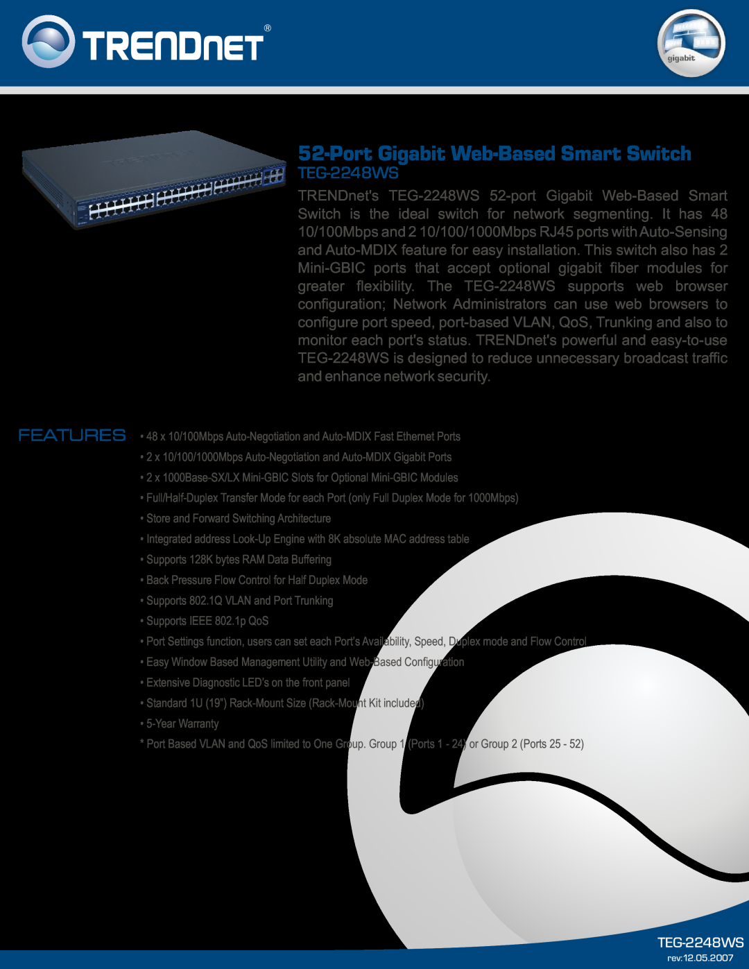 TRENDnet TEG-2248WS warranty Port Gigabit Web-Based Smart Switch 