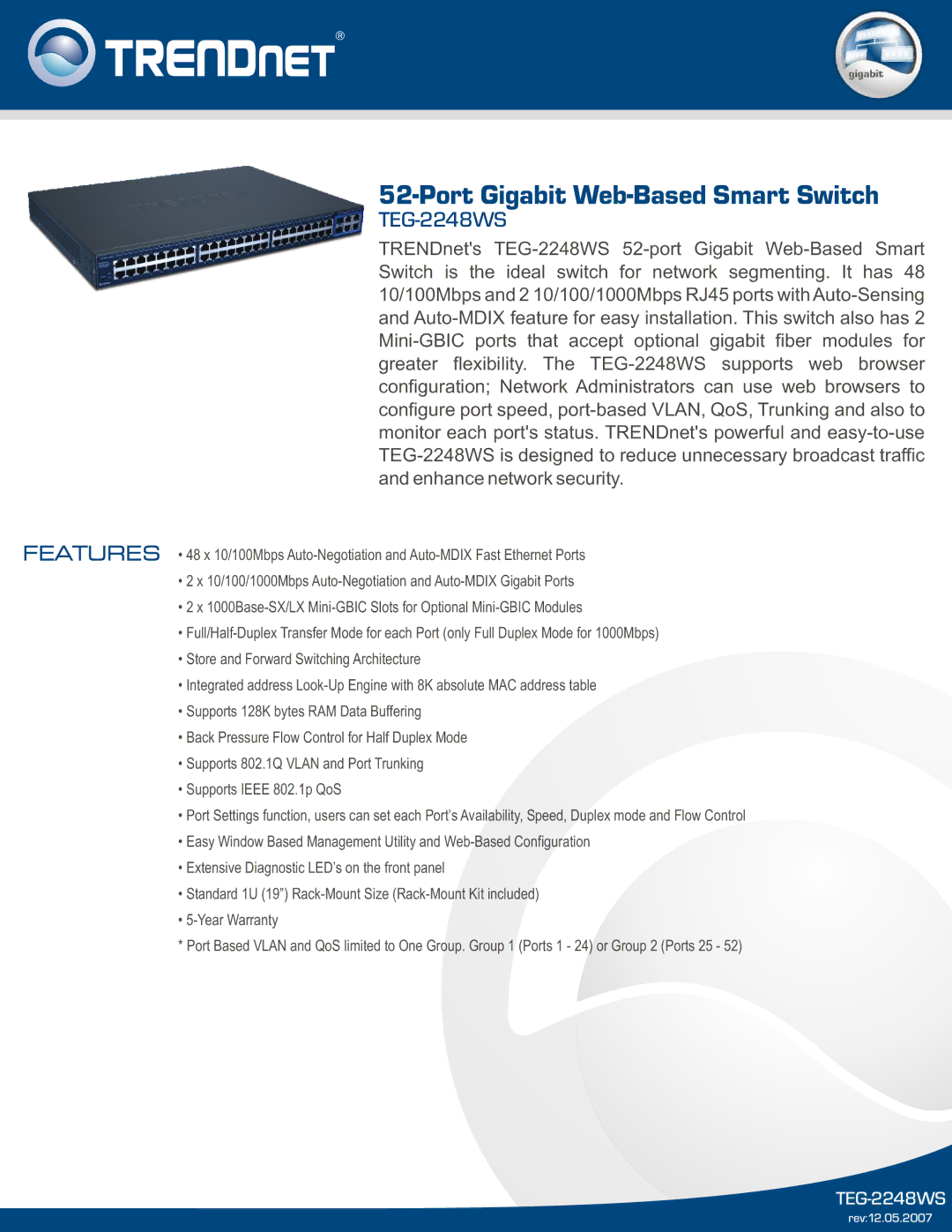 TRENDnet TEG-2248WS warranty Port Gigabit Web-Based Smart Switch 