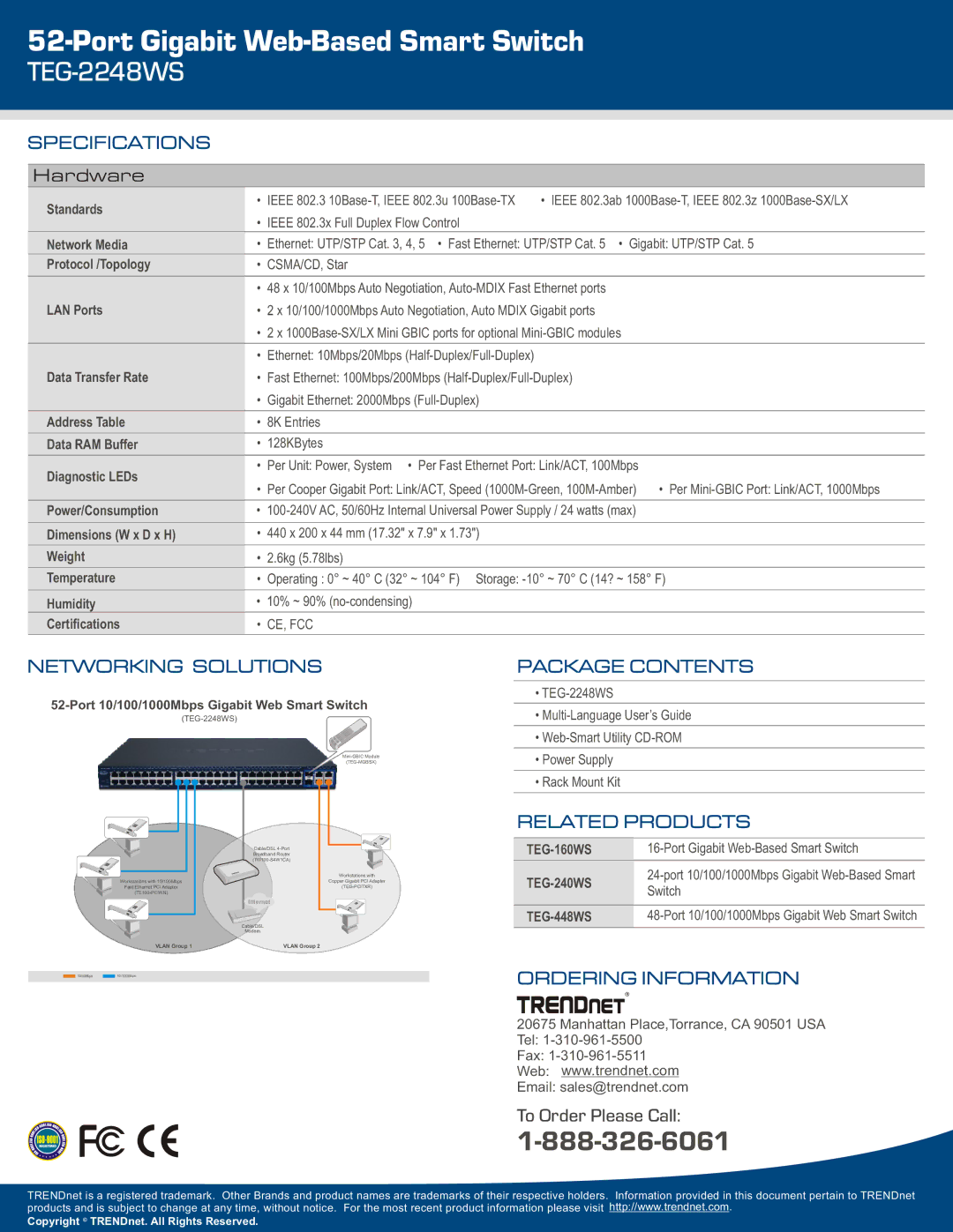 TRENDnet TEG-2248WS warranty Specifications, Networking Solutions, Package Contents, Related Products, Ordering Information 