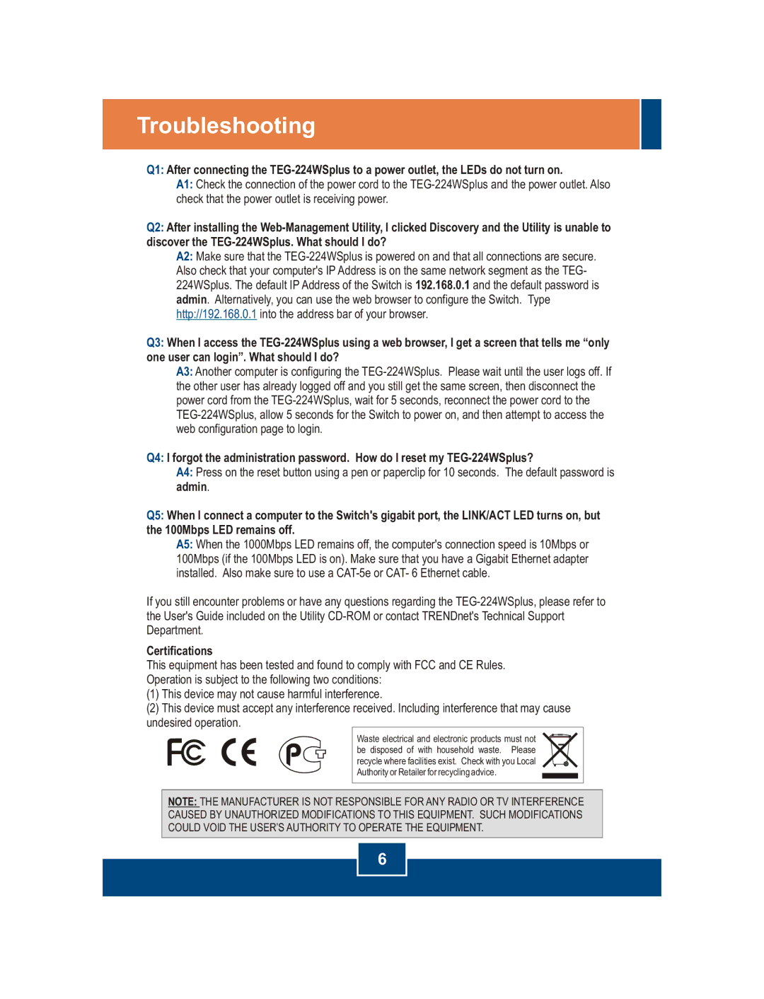 TRENDnet TEG-224WS manual Troubleshooting, Certifications 