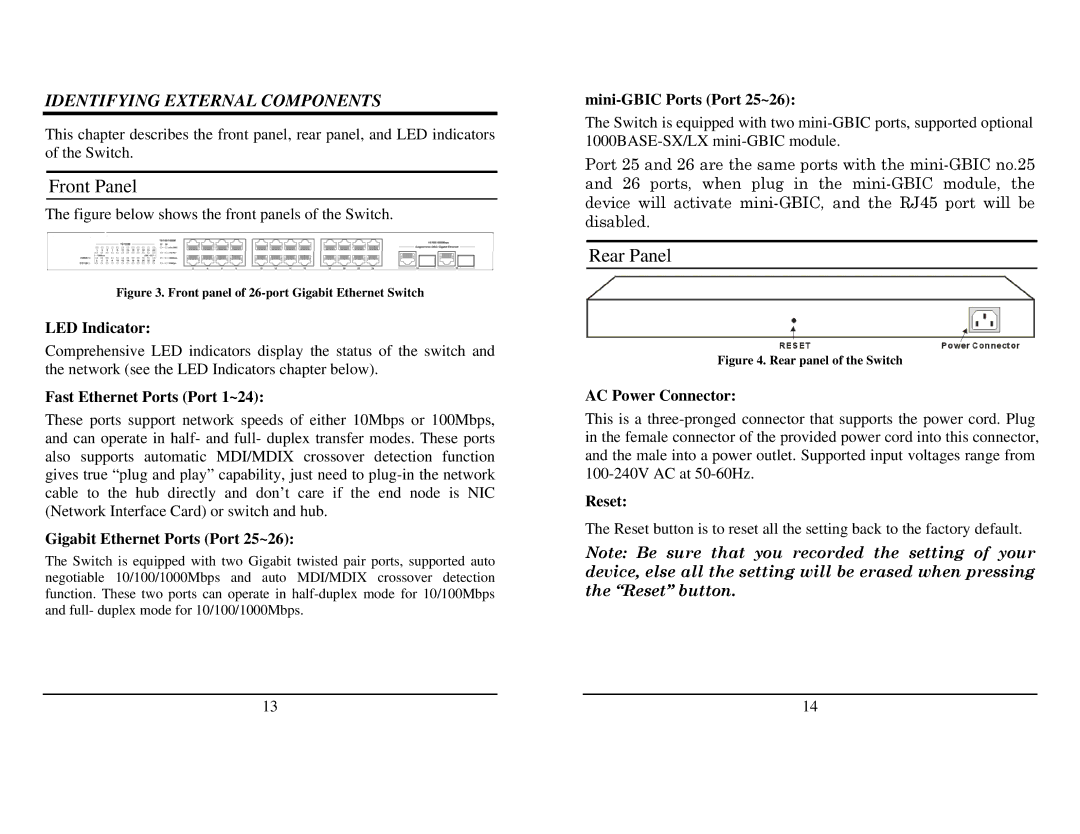 TRENDnet TEG-224WSplus manual Front Panel, Rear Panel, Identifying External Components 