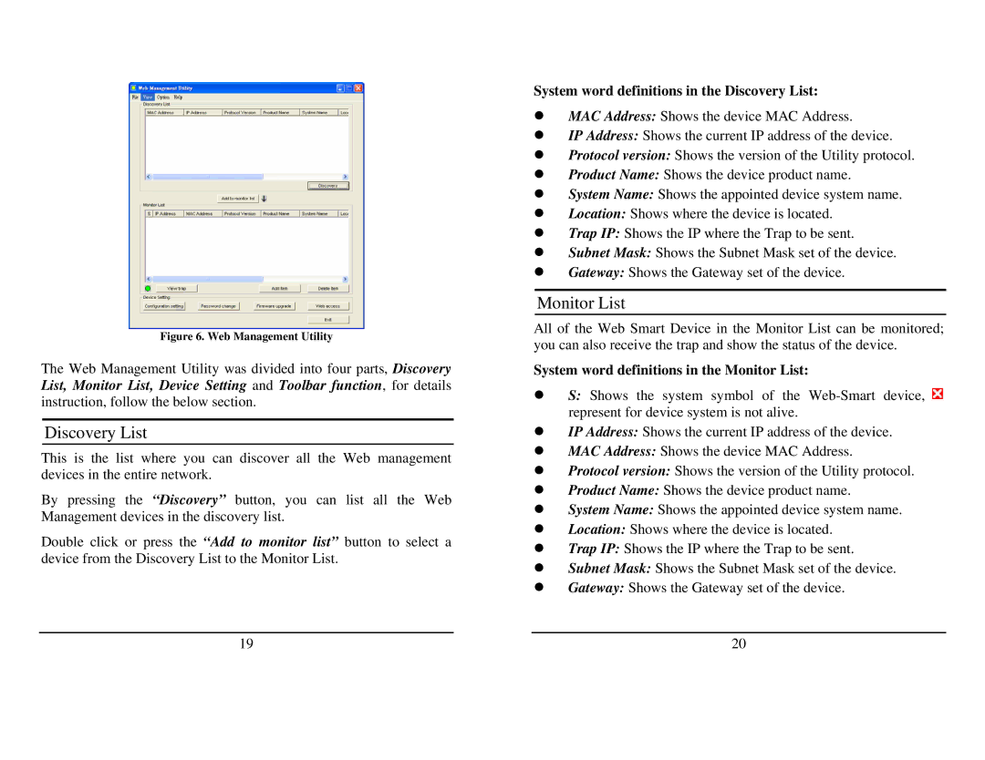 TRENDnet TEG-224WSplus manual Monitor List, System word definitions in the Discovery List 