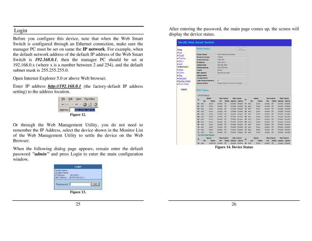 TRENDnet TEG-224WSplus manual Login, Device Status 