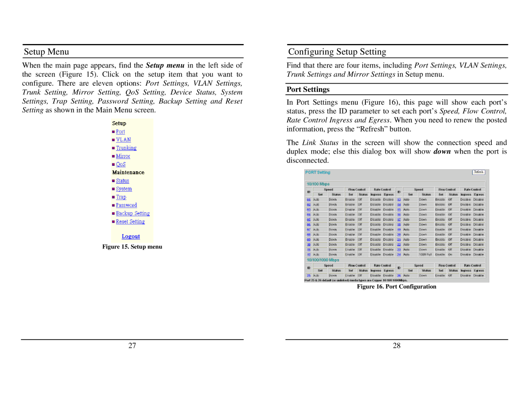 TRENDnet TEG-224WSplus manual Setup Menu, Configuring Setup Setting, Port Settings 