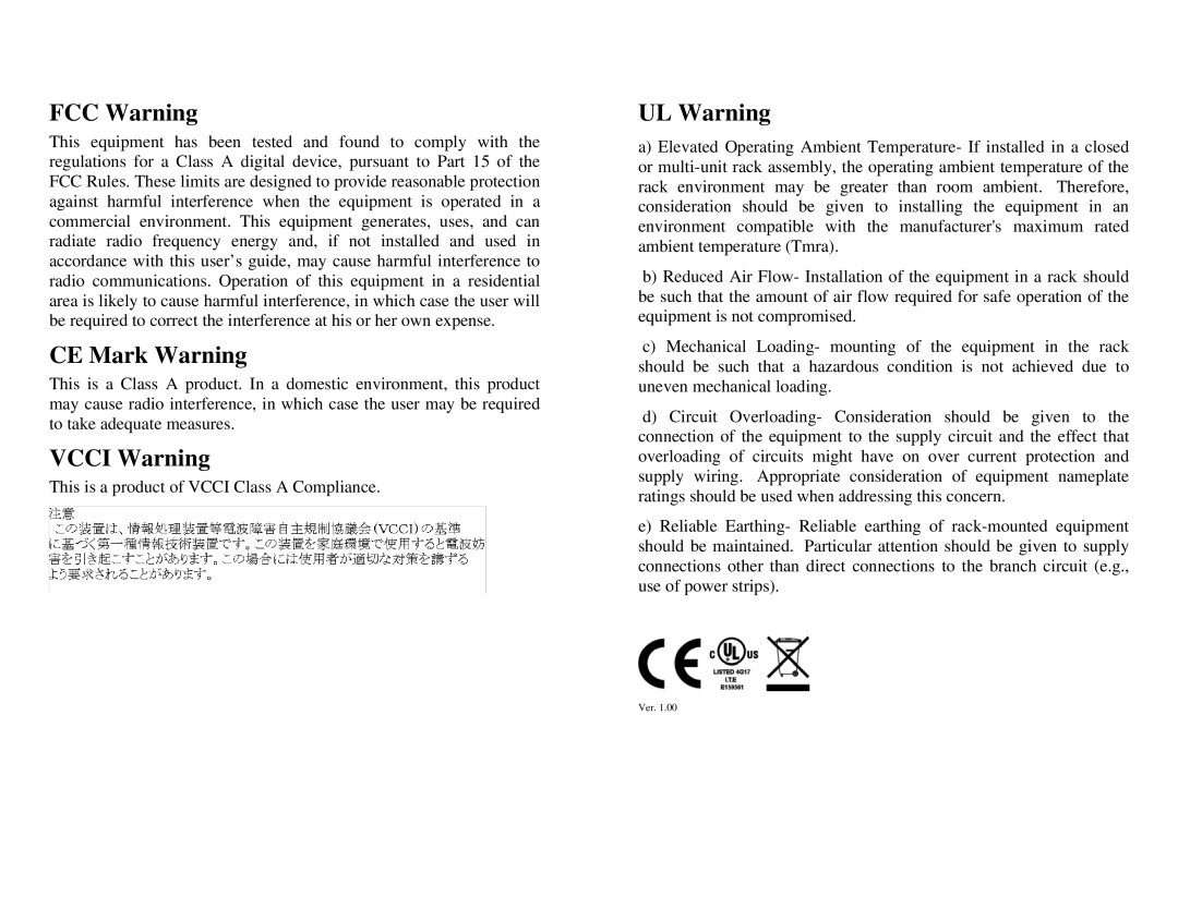 TRENDnet TEG-224WSplus manual Vcci Warning 