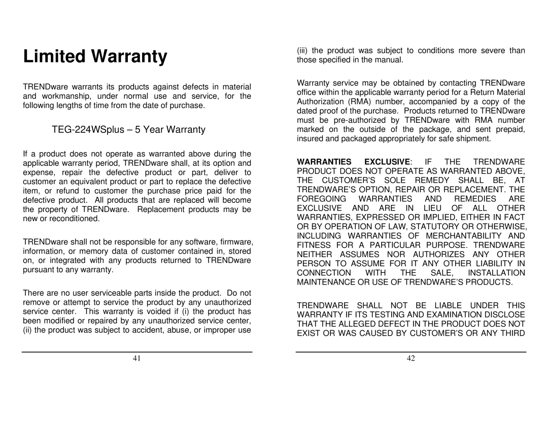 TRENDnet TEG-224WSplus manual Limited Warranty 