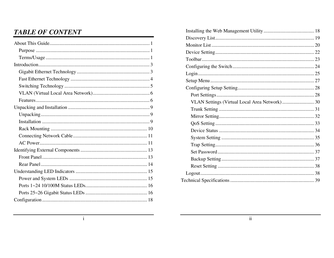 TRENDnet TEG-224WSplus manual Table of Content 