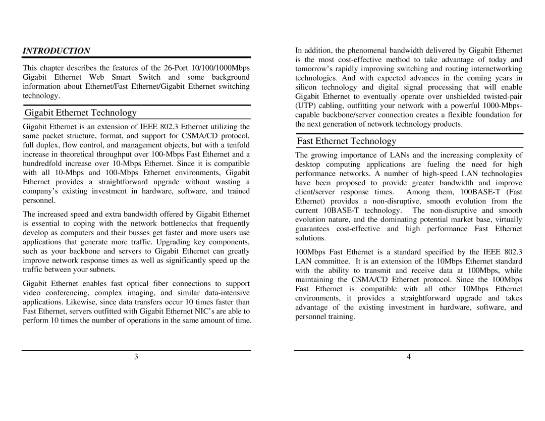TRENDnet TEG-224WSplus manual Gigabit Ethernet Technology, Fast Ethernet Technology, Introduction 