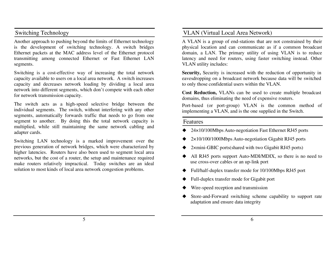 TRENDnet TEG-224WSplus manual Switching Technology, Vlan Virtual Local Area Network, Features 