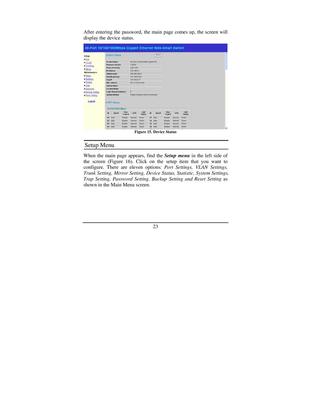 TRENDnet TEG-448WS manual Setup Menu, Device Status 