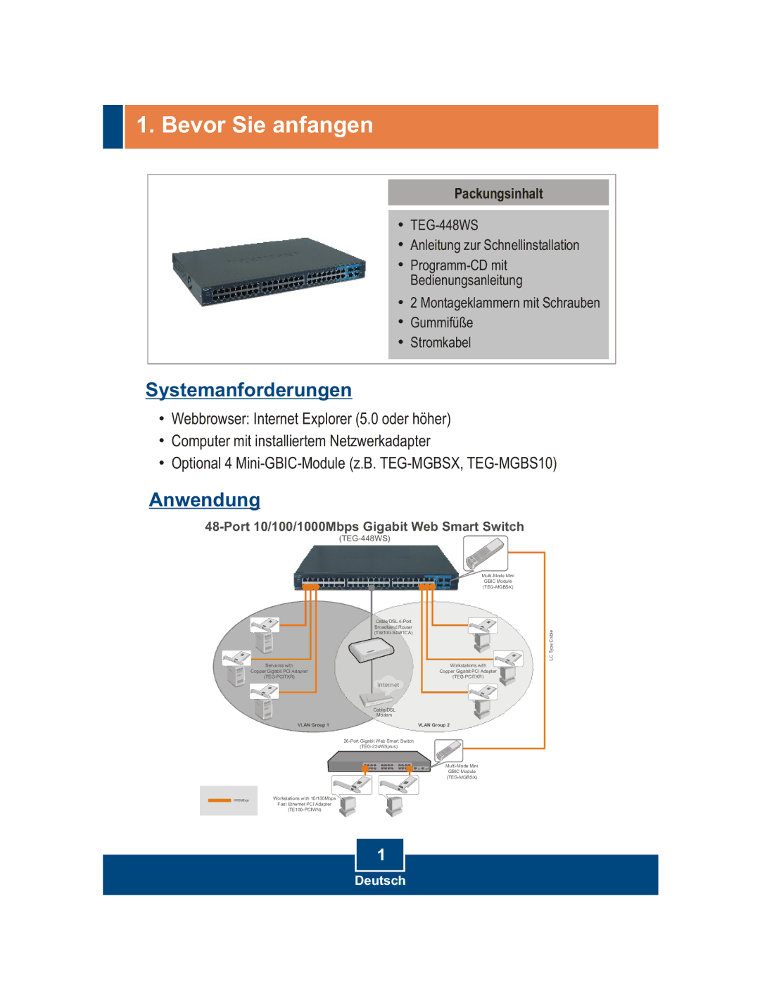 TRENDnet TEG-448WS manual Bevor Sie anfangen, Packungsinhalt 