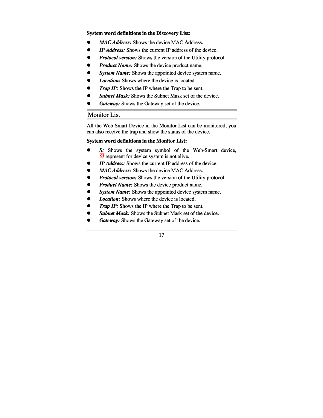 TRENDnet TEG-448WS manual Monitor List, System word definitions in the Discovery List 