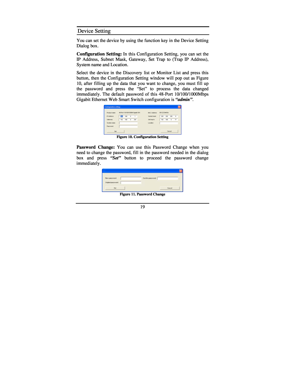 TRENDnet TEG-448WS manual Device Setting, Configuration Setting, Password Change 