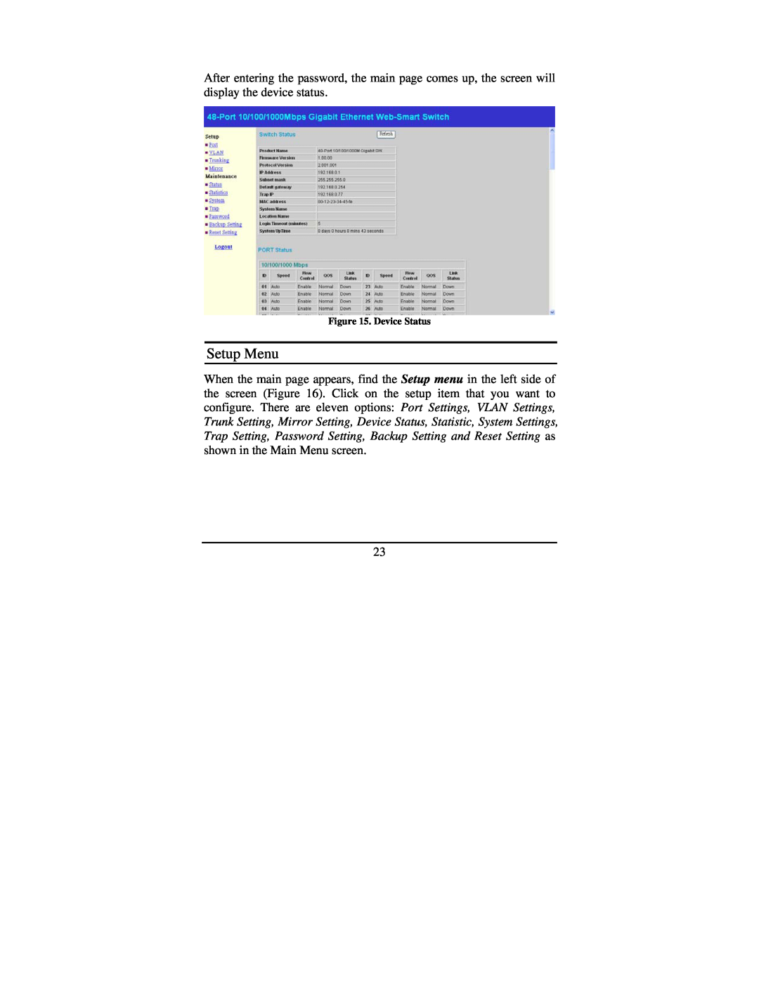 TRENDnet TEG-448WS manual Setup Menu, Device Status 