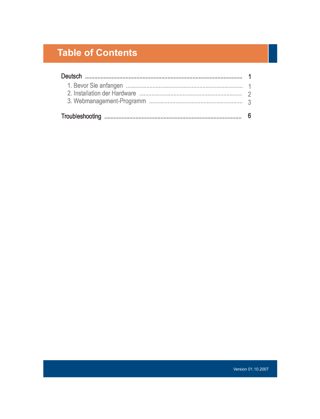 TRENDnet TEG-448WS manual Table of Contents, Bevor Sie anfangen, Installation der Hardware, Webmanagement-Programm, Version 