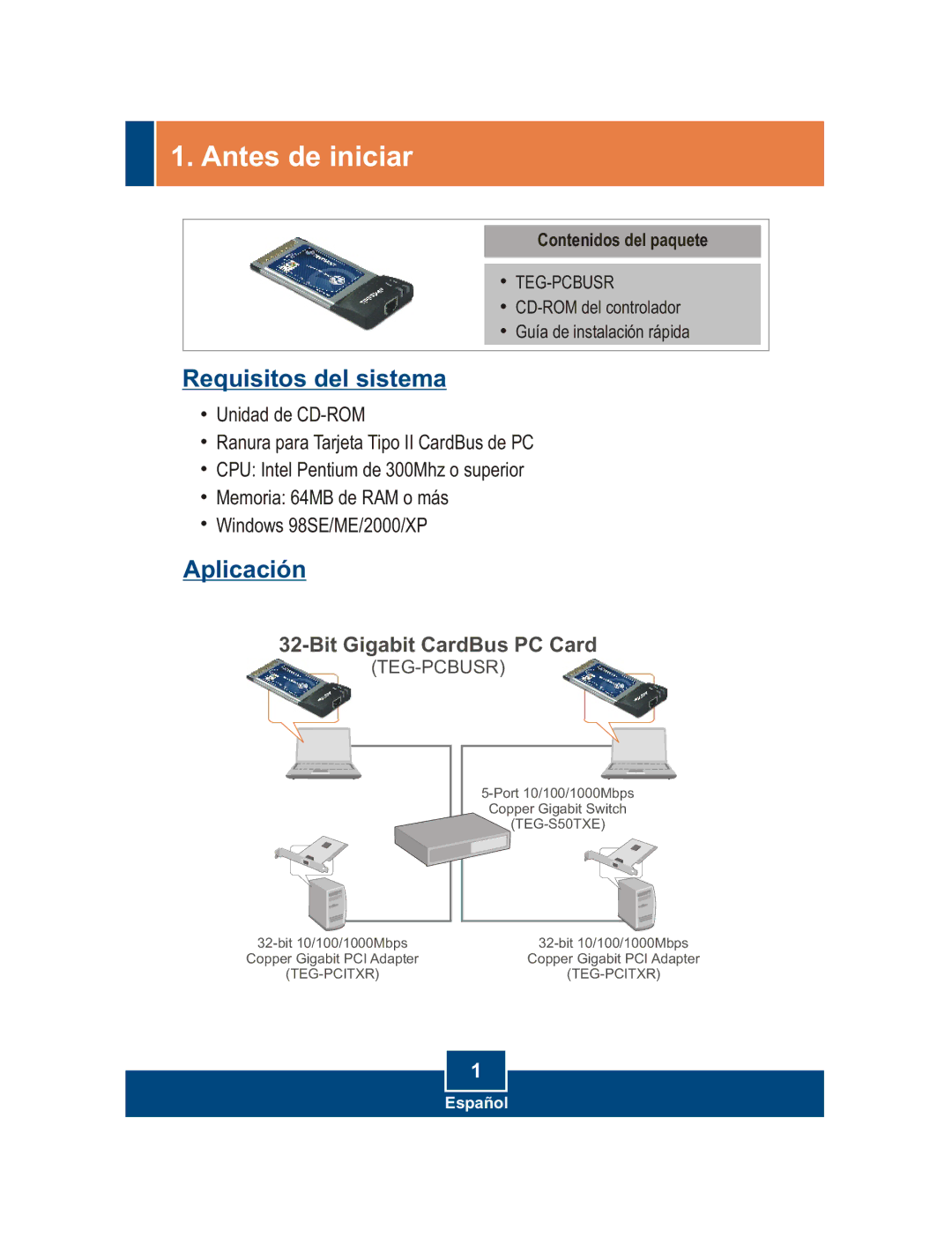 TRENDnet TEG-PCBUSR manual Antes de iniciar, Requisitos del sistema 