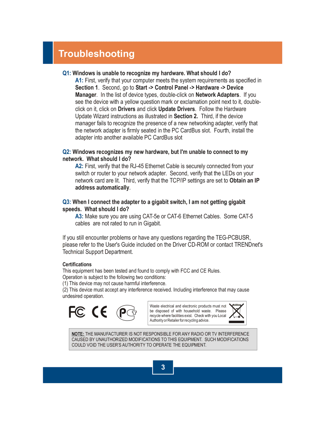 TRENDnet TEG-PCBUSR manual Troubleshooting, Certifications 