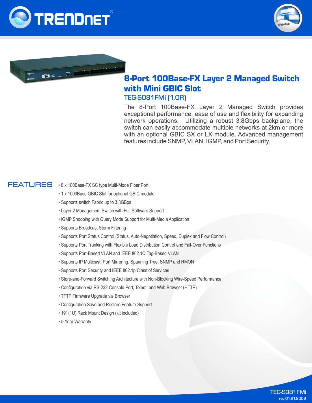 TRENDnet TEG-S081FMi warranty Port 100Base-FX Layer 2 Managed Switch with Mini Gbic Slot 