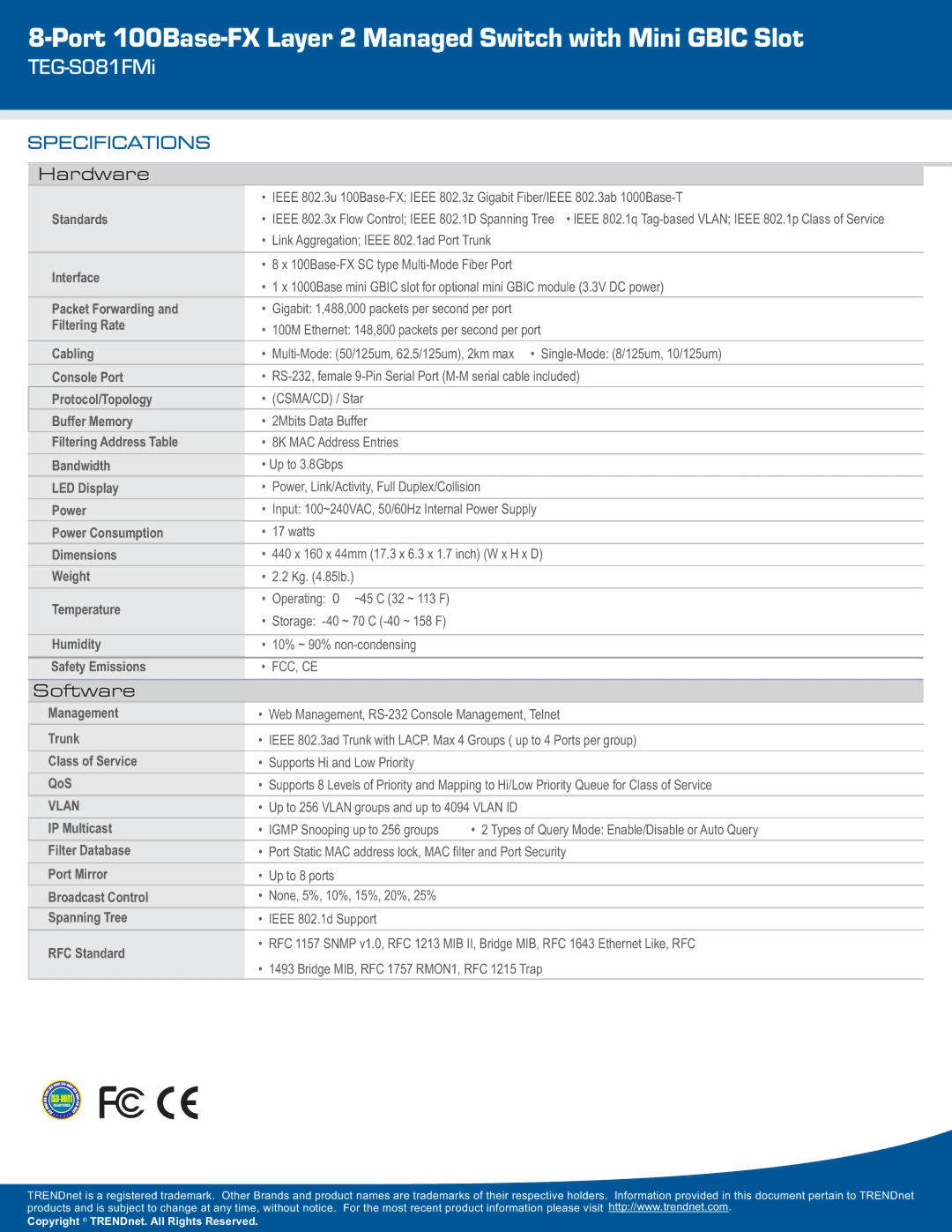 TRENDnet TEG-S081FMi warranty Specifications 