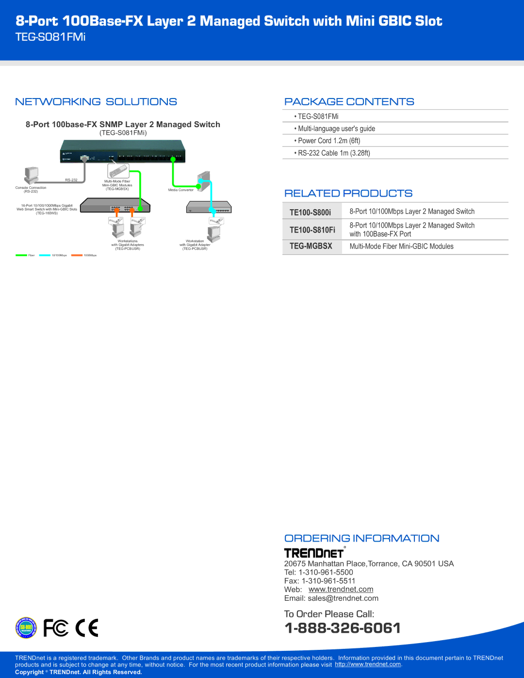 TRENDnet TEG-S081FMi warranty Networking Solutions, Package Contents, Related Products, Ordering Information 