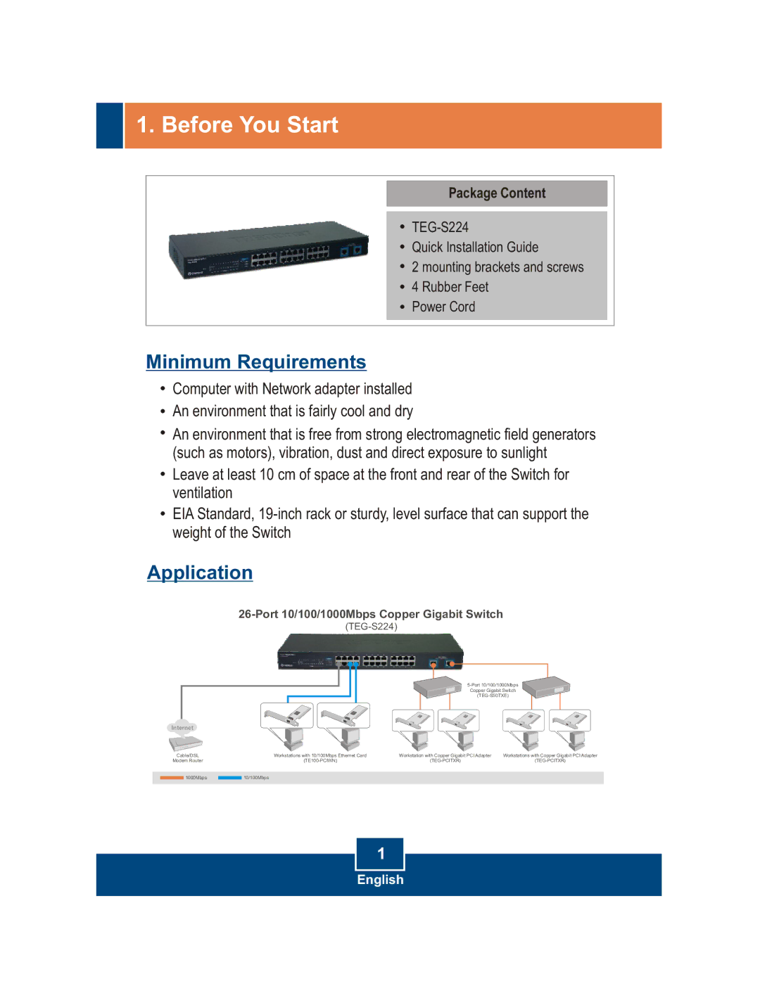 TRENDnet TEG-S224 manual Before You Start, Package Content 