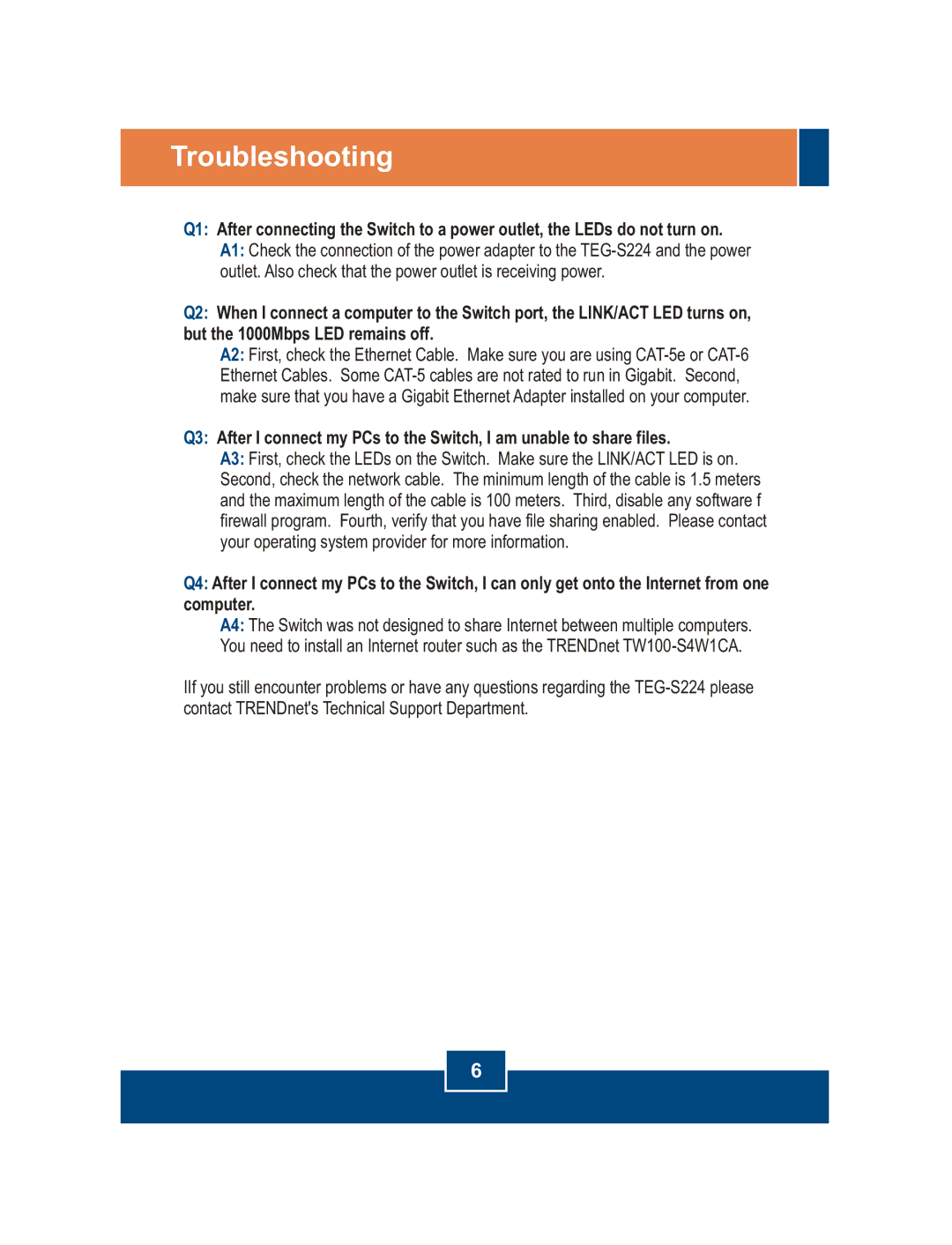 TRENDnet TEG-S224 manual Troubleshooting 