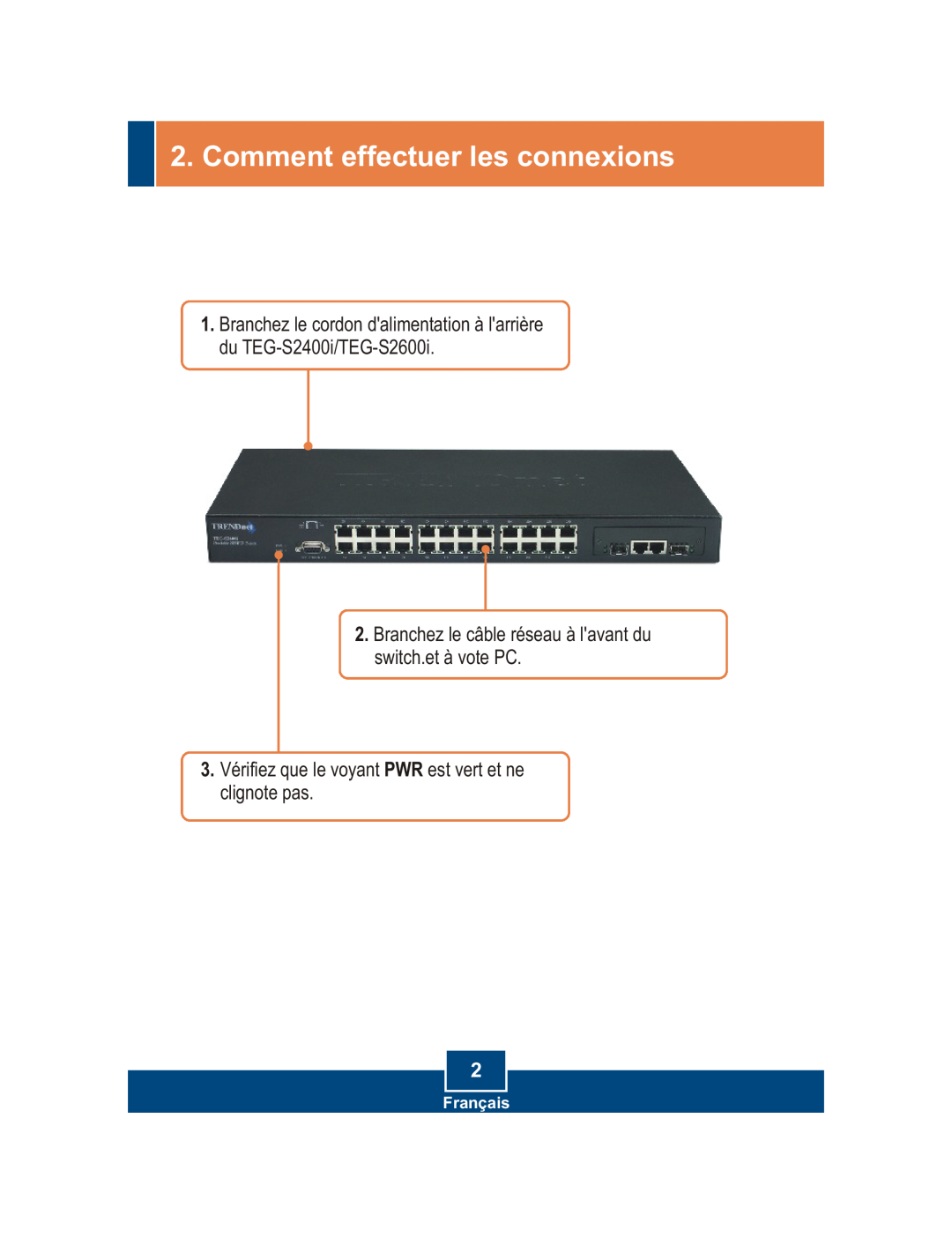 TRENDnet TEG-S2400I Comment effectuer les connexions, Branchez le câble réseau à lavant du switch.et à vote PC, Français 