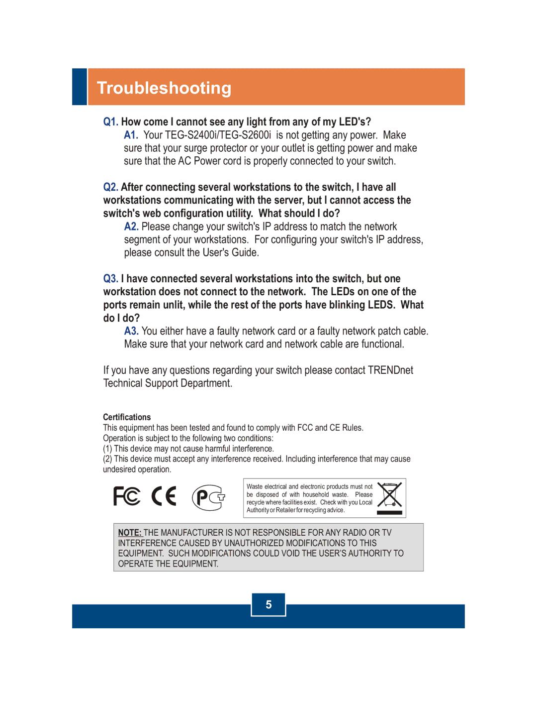 TRENDnet TEG-S2400I manual Troubleshooting, Q1. How come I cannot see any light from any of my LEDs? 