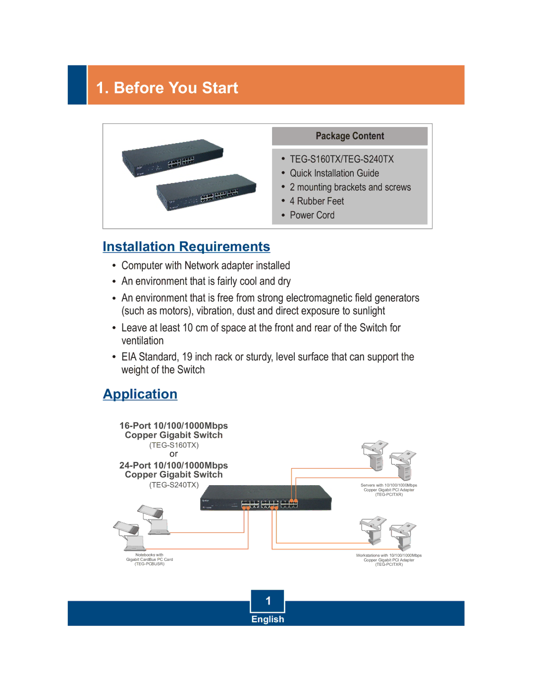 TRENDnet TEG-S160TX, TEG-S240TX manual Before You Start, Package Content 