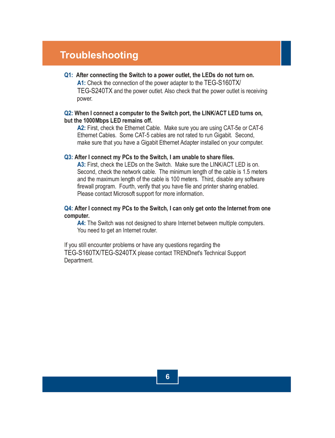 TRENDnet TEG-S240TX, TEG-S160TX manual Troubleshooting 