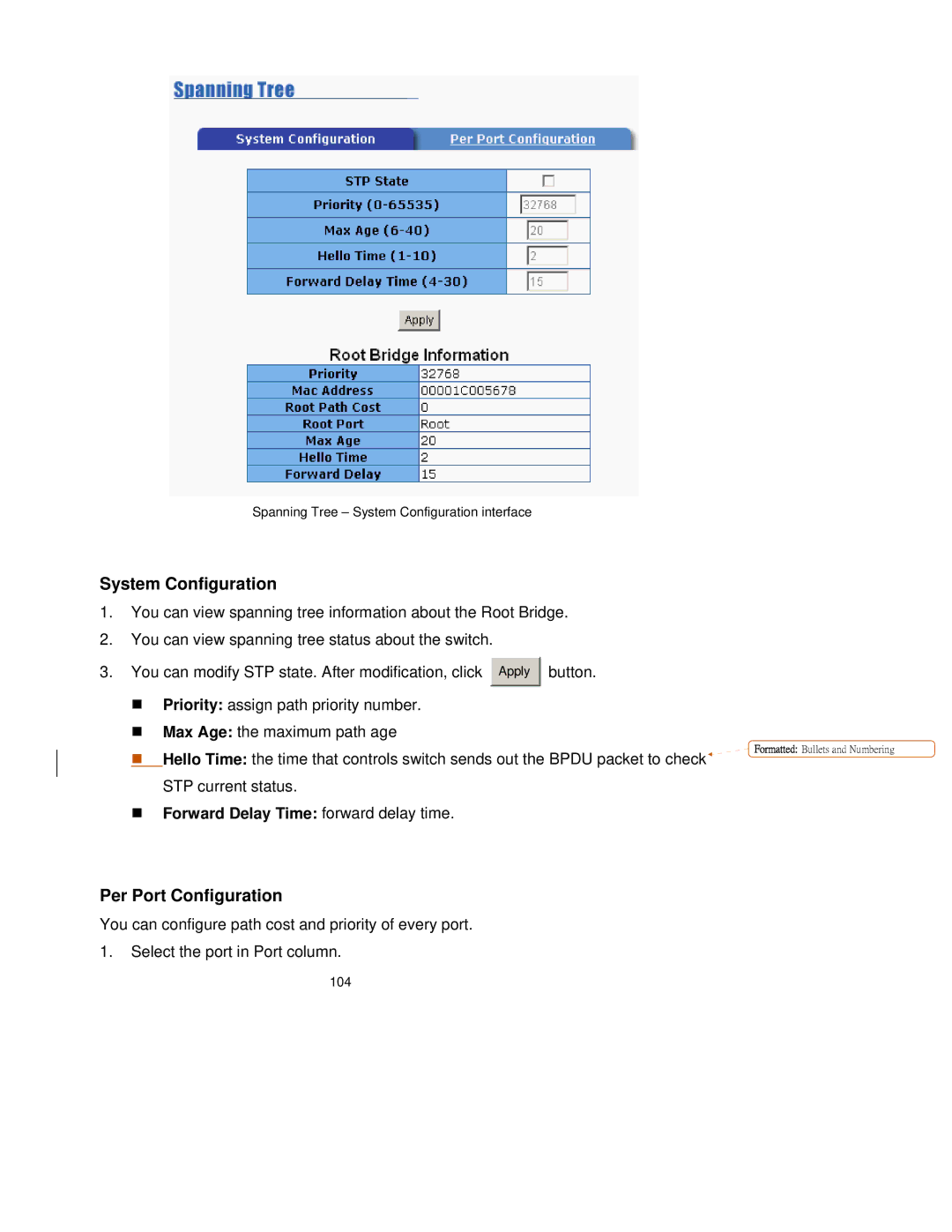 TRENDnet TEG-S3000I manual System Configuration, Per Port Configuration, „ Forward Delay Time forward delay time 