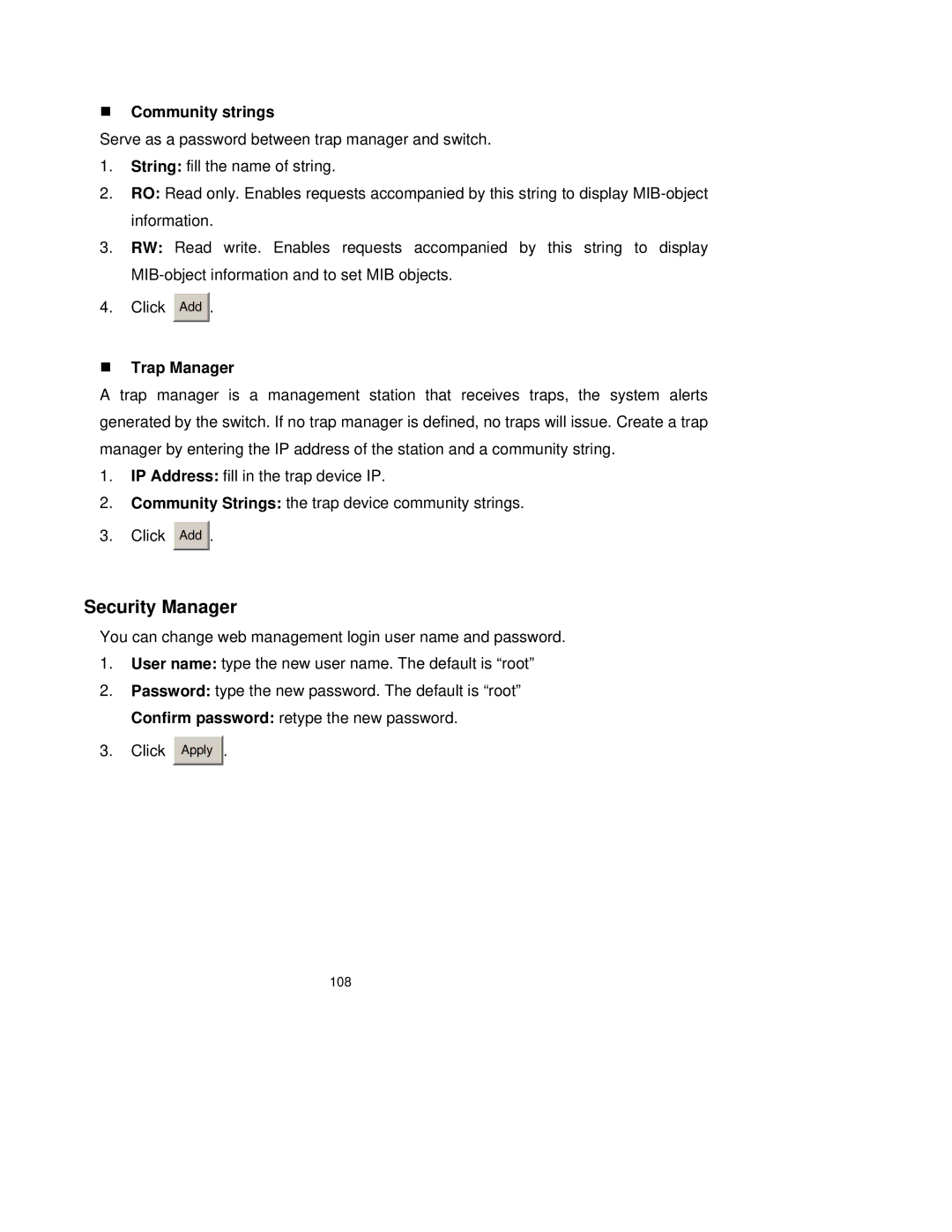 TRENDnet TEG-S3000I manual Security Manager, „ Community strings, „ Trap Manager 