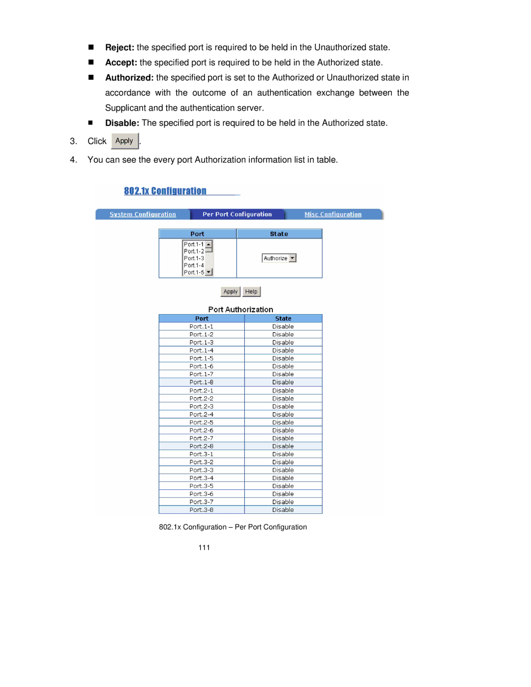 TRENDnet TEG-S3000I manual 802.1x Configuration Per Port Configuration 111 