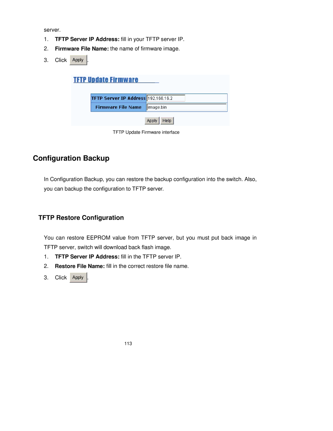 TRENDnet TEG-S3000I manual Configuration Backup, Tftp Restore Configuration 