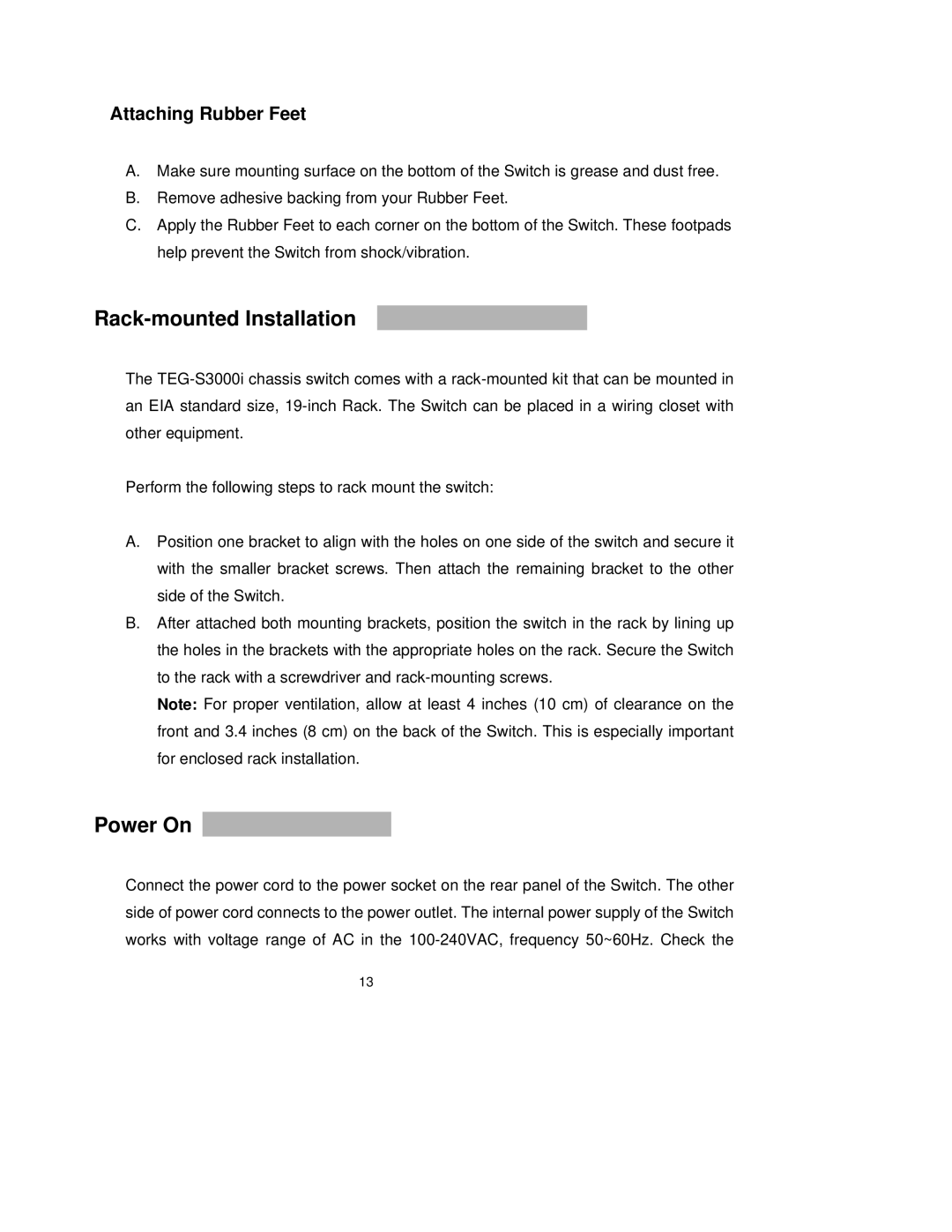 TRENDnet TEG-S3000I manual Rack-mounted Installation, Power On, Attaching Rubber Feet 