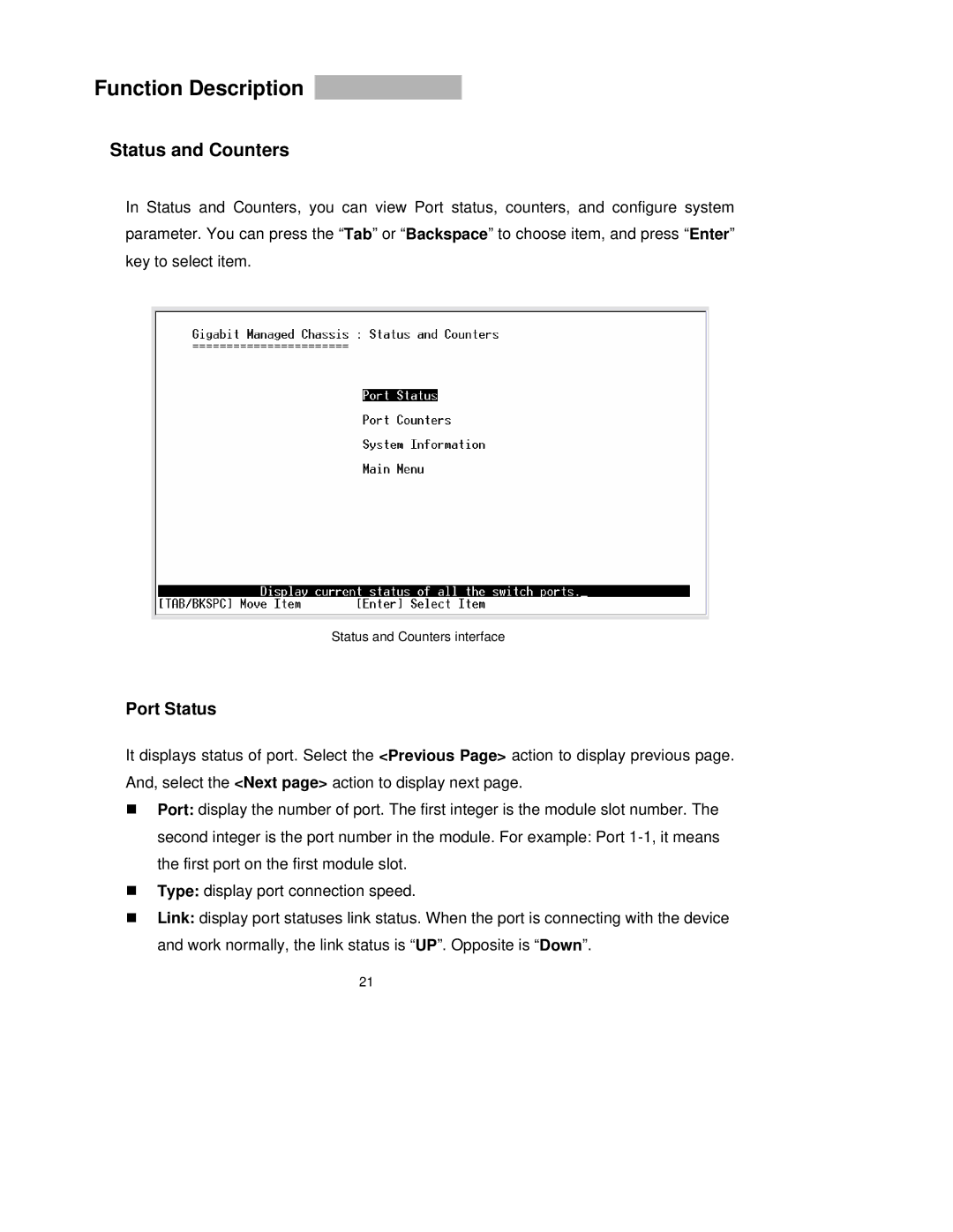 TRENDnet TEG-S3000I manual Function Description, Status and Counters, Port Status 