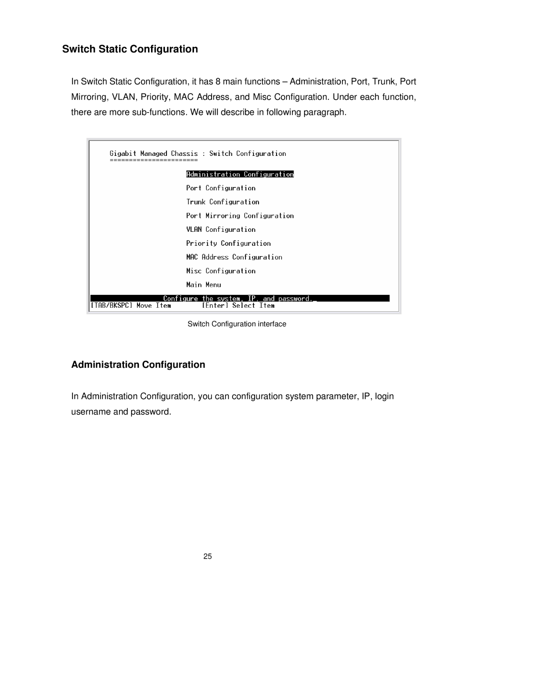 TRENDnet TEG-S3000I manual Switch Static Configuration, Administration Configuration 