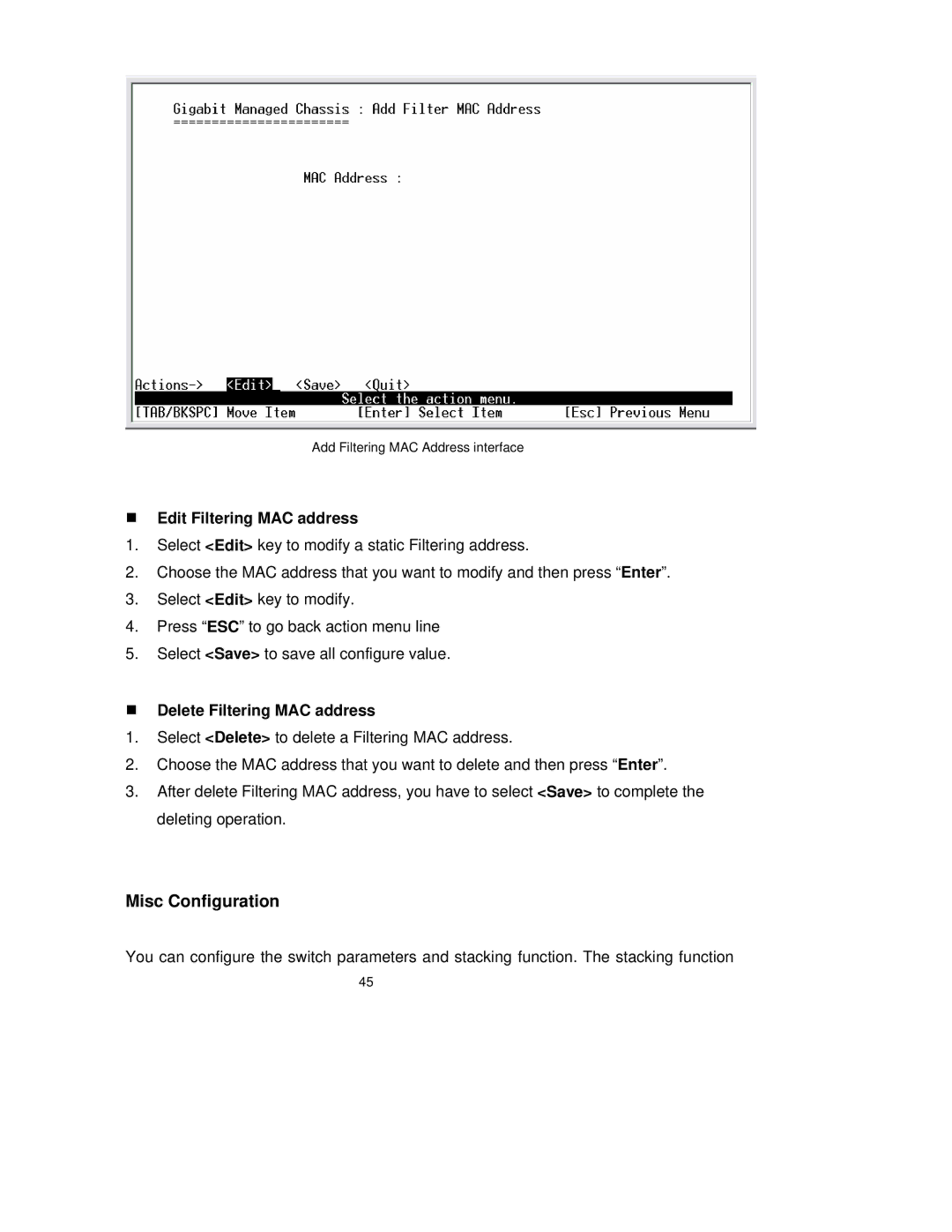 TRENDnet TEG-S3000I manual Misc Configuration, „ Edit Filtering MAC address, „ Delete Filtering MAC address 