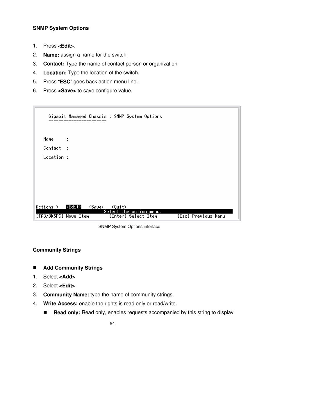 TRENDnet TEG-S3000I manual Snmp System Options, Community Strings „ Add Community Strings 