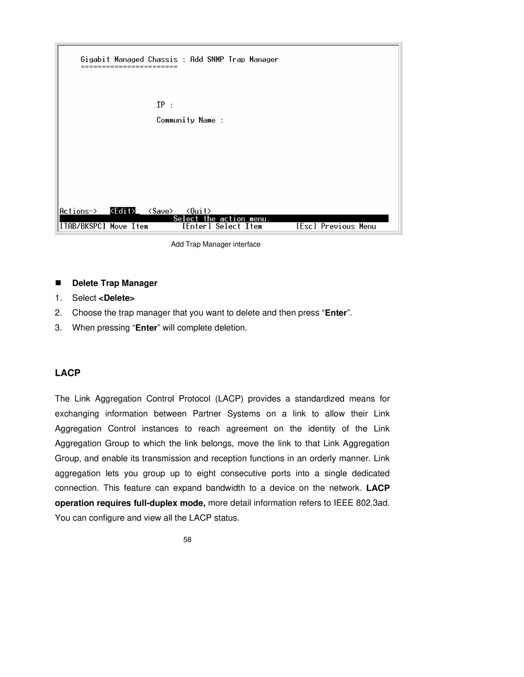 TRENDnet TEG-S3000I manual Lacp, „ Delete Trap Manager Select Delete 