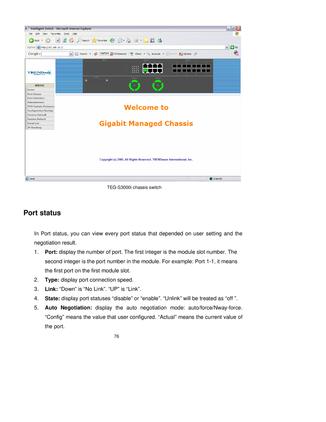TRENDnet TEG-S3000I manual Port status 