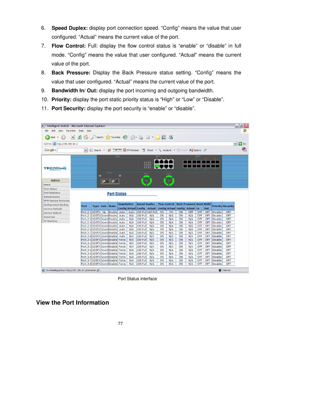 TRENDnet TEG-S3000I manual View the Port Information 