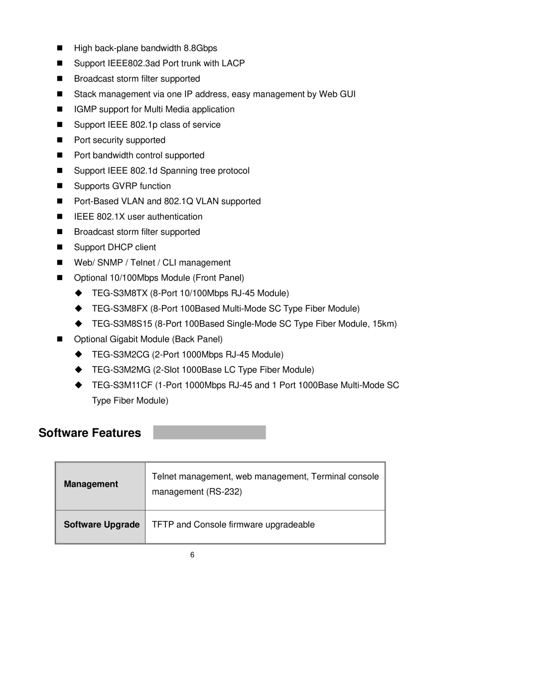 TRENDnet TEG-S3000I manual Software Features, Management, Software Upgrade 