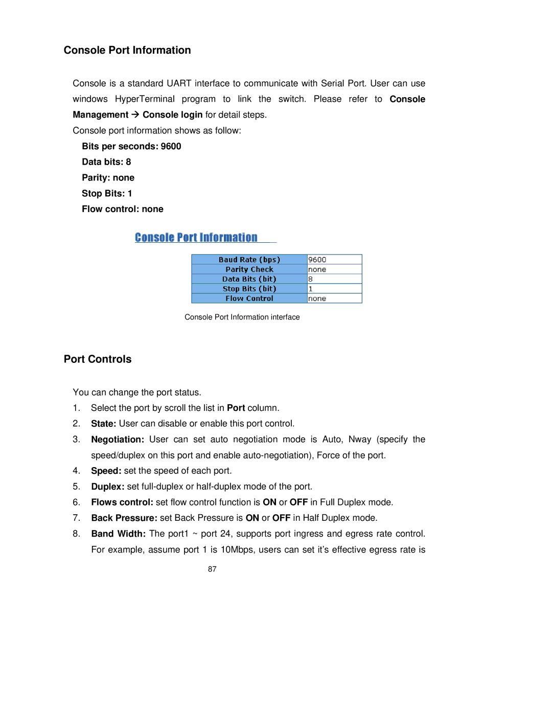 TRENDnet TEG-S3000I manual Console Port Information, Port Controls 