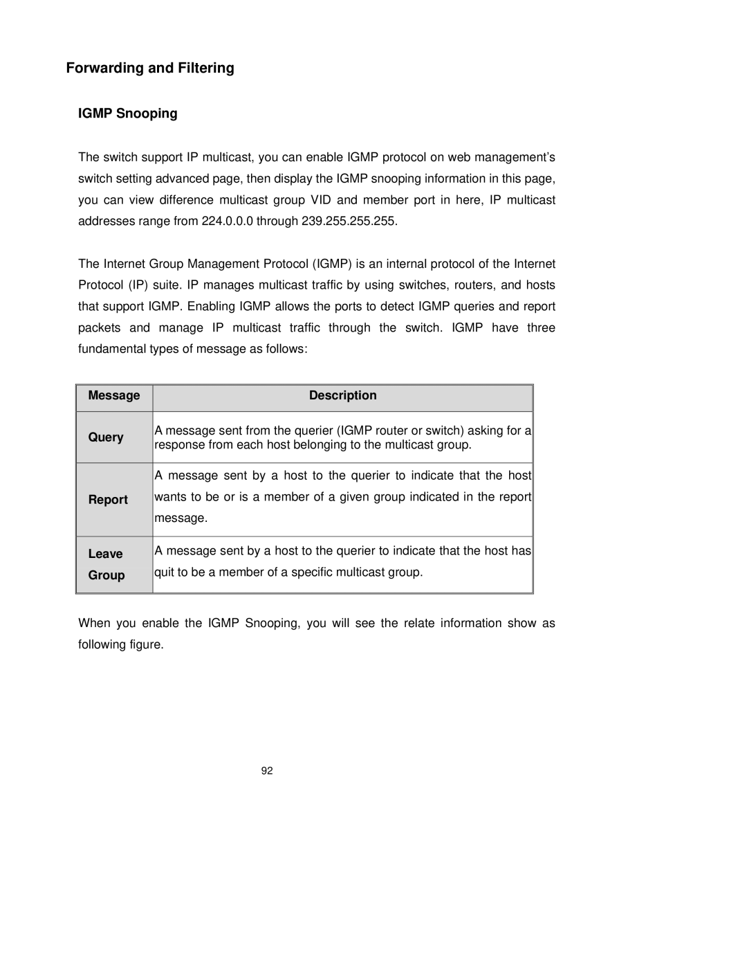 TRENDnet TEG-S3000I manual Forwarding and Filtering, Igmp Snooping 