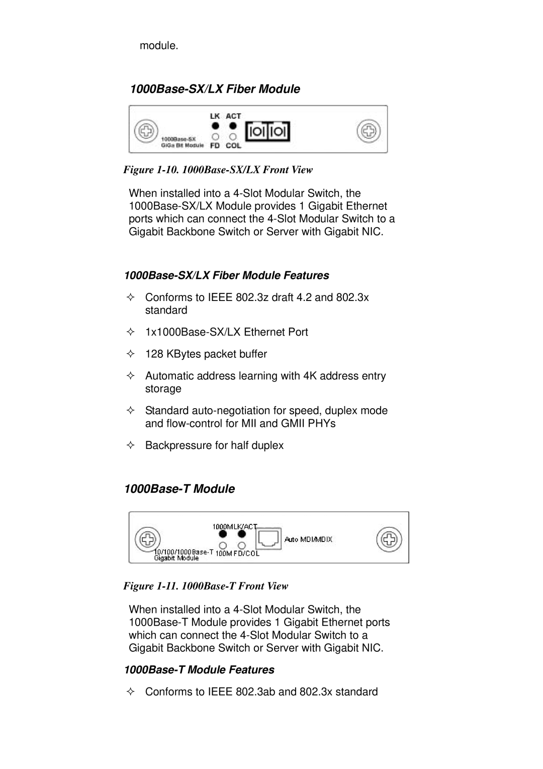 TRENDnet TEG-S4000 manual 1000Base-SX/LX Fiber Module Features, 1000Base-T Module Features 