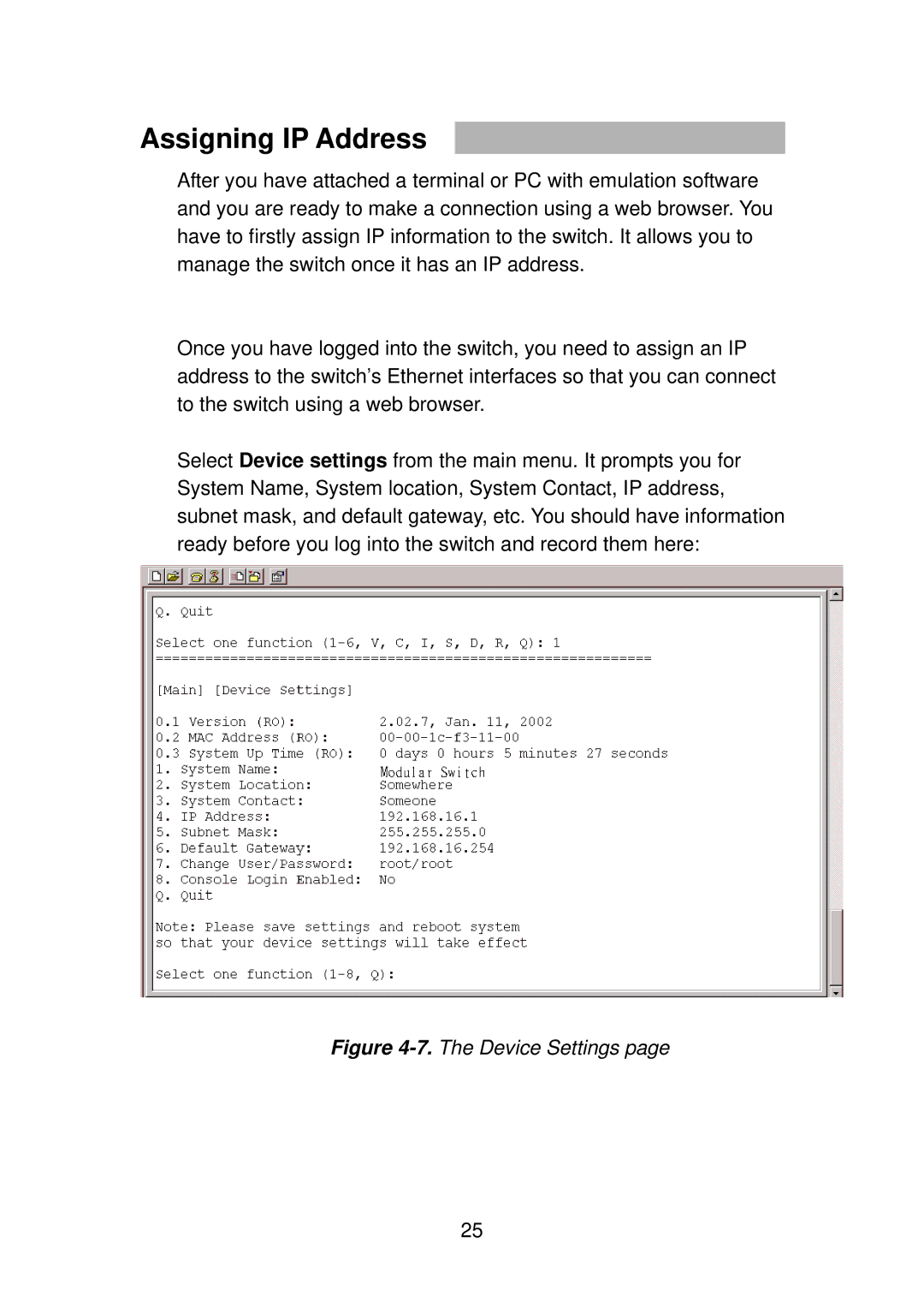 TRENDnet TEG-S4000I manual Assigning IP Address, Device Settings 