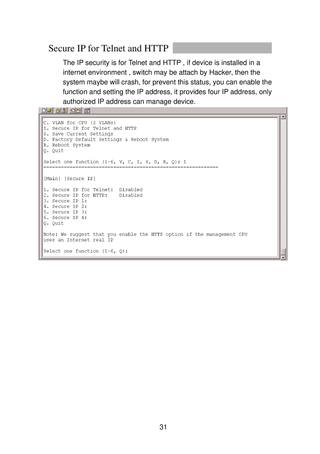 TRENDnet TEG-S4000I manual Secure IP for Telnet and Http 